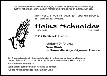 Traueranzeige von Heinz Schneider von Hersbrucker Zeitung