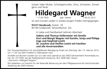 Traueranzeige von Hildegard Wagner von Hersbrucker Zeitung