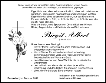 Traueranzeige von Birgit Albert von Hersbrucker Zeitung