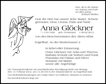 Traueranzeige von Anna Glöckner von Hersbrucker Zeitung