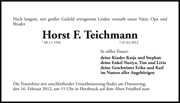 Traueranzeige von Horst Teichmann von Hersbrucker Zeitung