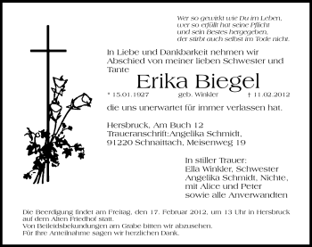 Traueranzeige von Erika Biegel von Hersbrucker Zeitung