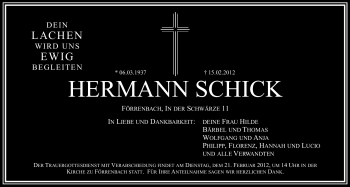 Traueranzeige von Hermann Schick von Hersbrucker Zeitung