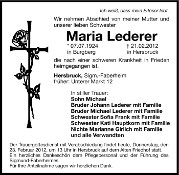 Traueranzeige von Maria Lederer von Hersbrucker Zeitung