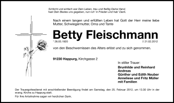 Traueranzeige von Betty Fleischmann von Hersbrucker Zeitung