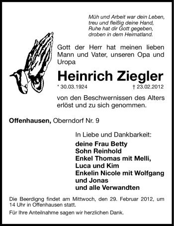 Traueranzeige von Heinrich Ziegler von Hersbrucker Zeitung