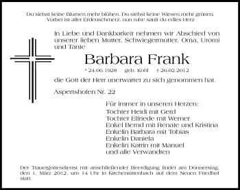 Traueranzeige von Barbara Frank von Hersbrucker Zeitung