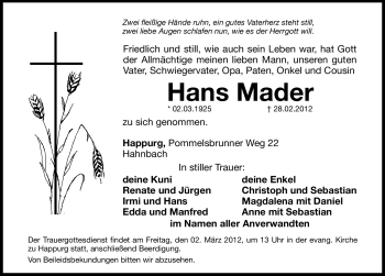 Traueranzeige von Hans Mader von Hersbrucker Zeitung