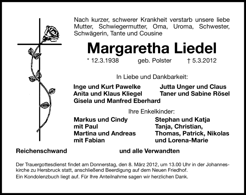  Traueranzeige für Margaretha Liedel vom 07.03.2012 aus Hersbrucker Zeitung