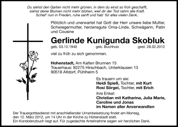 Traueranzeige von Gerlinde Kunigunda Skobluk von Hersbrucker Zeitung