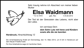 Traueranzeige von Elsa Waidmann von Hersbrucker Zeitung