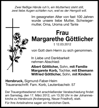 Traueranzeige von Margarethe Göttlicher von Hersbrucker Zeitung