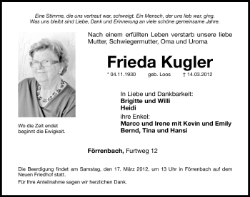 Traueranzeige von Frieda Kugler von Hersbrucker Zeitung