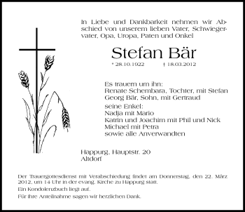 Traueranzeige von Stefan Bär von Hersbrucker Zeitung