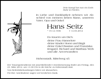 Traueranzeige von Hans Seitz von Hersbrucker Zeitung