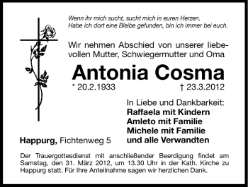 Traueranzeige von Antonia Cosma von Hersbrucker Zeitung