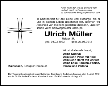 Traueranzeige von Ulrich Müller von Hersbrucker Zeitung