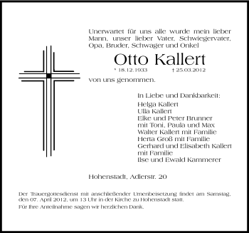 Traueranzeige von Otto Kallert von Hersbrucker Zeitung