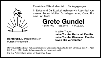 Traueranzeige von Grete Gundel von Hersbrucker Zeitung