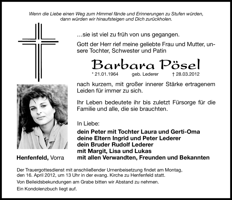 Traueranzeige für Barbara Pösel vom 11.04.2012 aus Hersbrucker Zeitung