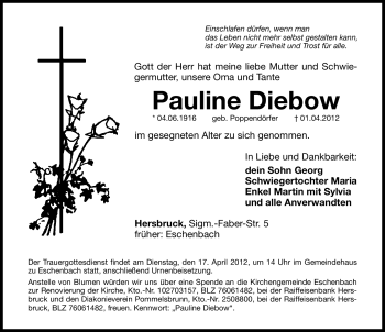 Traueranzeige von Pauline Diebow von Hersbrucker Zeitung