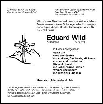Traueranzeige von Eduard Wild von Hersbrucker Zeitung