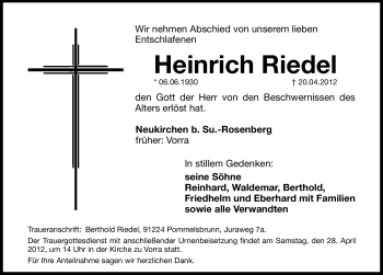 Traueranzeige von Heinrich Riedel von Hersbrucker Zeitung