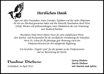 Traueranzeige von Pauline Diebow von Hersbrucker Zeitung