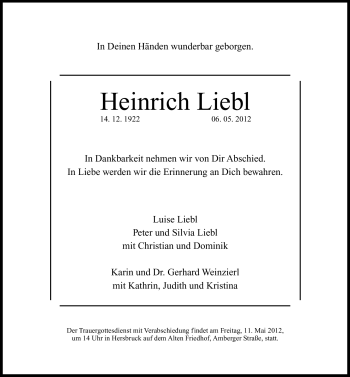 Traueranzeige von Heinrich Liebl von Hersbrucker Zeitung
