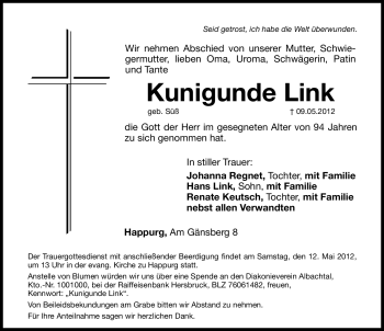 Traueranzeige von Kunigunde Link von Hersbrucker Zeitung