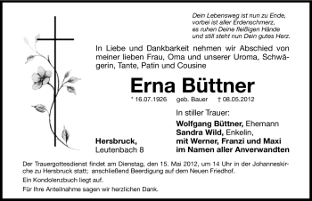 Traueranzeige von Erna Büttner von Hersbrucker Zeitung