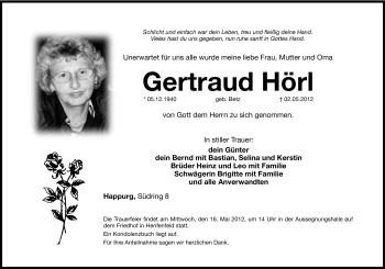Traueranzeige von Gertraud Hörl von Hersbrucker Zeitung