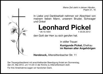 Traueranzeige von Leonhard Pickel von Hersbrucker Zeitung