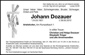 Traueranzeige von Johann Dozauer von Hersbrucker Zeitung