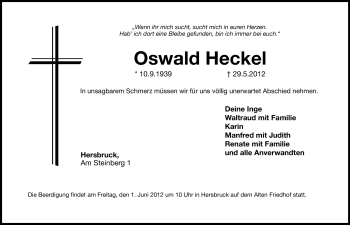 Traueranzeige von Oswald Heckel von Hersbrucker Zeitung
