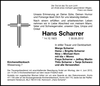 Traueranzeige von Hans Scharrer von Hersbrucker Zeitung