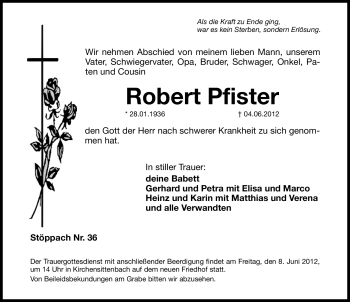 Traueranzeige von Robert Pfister von Hersbrucker Zeitung