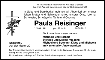 Traueranzeige von Paula Reisinger von Hersbrucker Zeitung