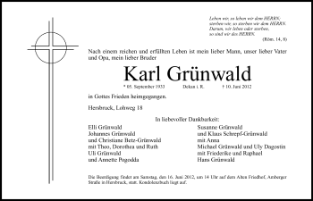 Traueranzeige von Karl Grünwald von Hersbrucker Zeitung