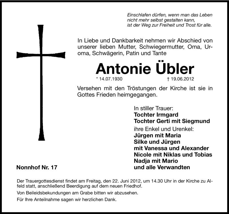  Traueranzeige für Antonie Übler vom 21.06.2012 aus Hersbrucker Zeitung