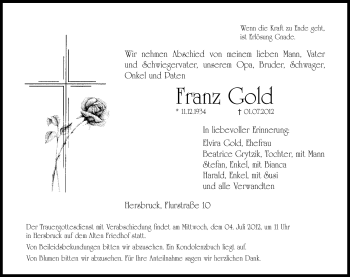 Traueranzeige von Franz Gold von Hersbrucker Zeitung