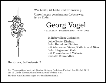 Traueranzeige von Georg Vogel von Hersbrucker Zeitung