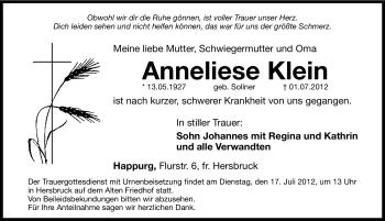 Traueranzeige von Anneliese Klein von Hersbrucker Zeitung