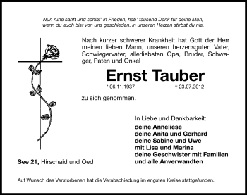 Traueranzeige von Ernst Tauber von Hersbrucker Zeitung