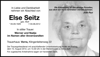 Traueranzeige von Else Seitz von Hersbrucker Zeitung