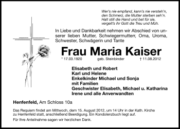 Traueranzeige von Maria Kaiser von Hersbrucker Zeitung