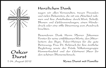 Traueranzeige von Oskar Durst von Hersbrucker Zeitung