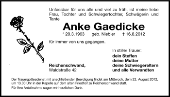 Traueranzeige von Anke Gaedicke von Hersbrucker Zeitung