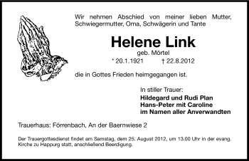 Traueranzeige von Helene Link von Hersbrucker Zeitung