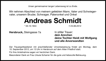 Traueranzeige von Andreas Schmidt von Hersbrucker Zeitung